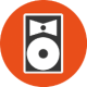 Icon eines PA Lautsprechers auf orangenem Hintergrund. Icon für die Studio Leistung Live Sound.
