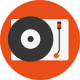Rundes Icon eines Plattenspielers auf orangenem Hintergrund. Icon für den Tonstudio Service Mastering.